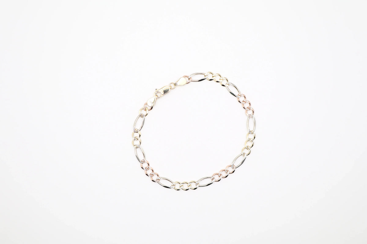 14K Solid Tri-Color Gold Figaro Bracelet (5.4mm, 8 Inch, 7g) | Joyeria Serrano