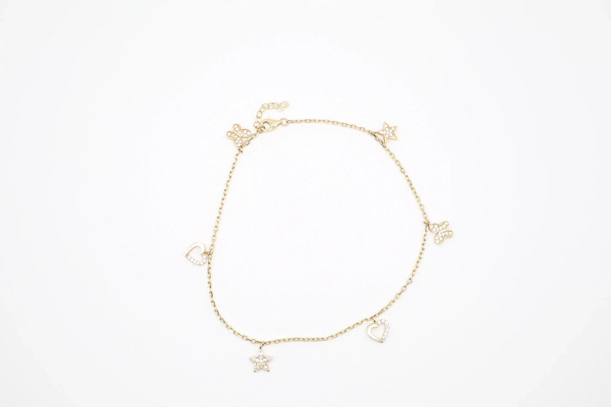 14K Solid Yellow Gold Charm Anklet (10 Inch, 4.4g) | Joyeria Serrano