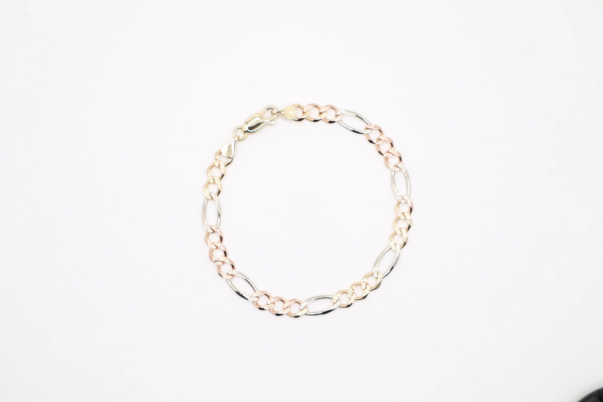 14K Solid Tri-Color Gold Figaro Bracelet (5.3mm, 7 Inch, 5.5g) | Joyeria Serrano