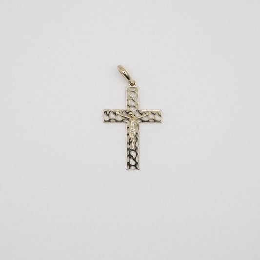 14K gold crucifix pendant with intricate openwork design on white background