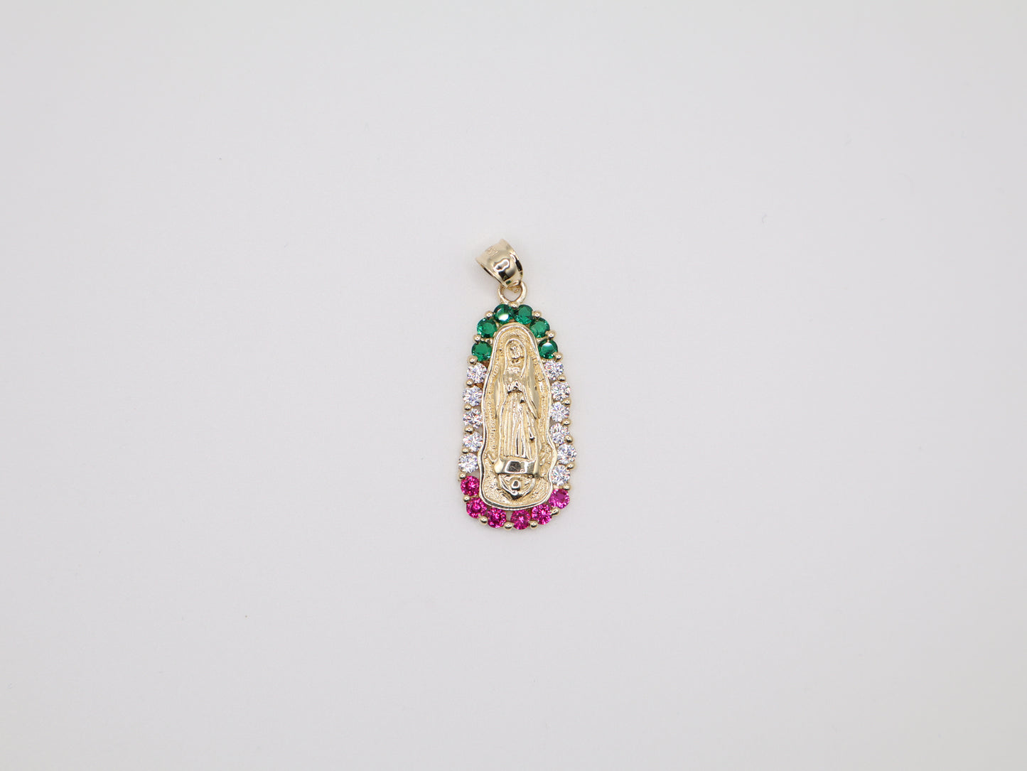 6.6g 1.75in, 17mm Green, White, Red Stone Virgin Mary Pendant