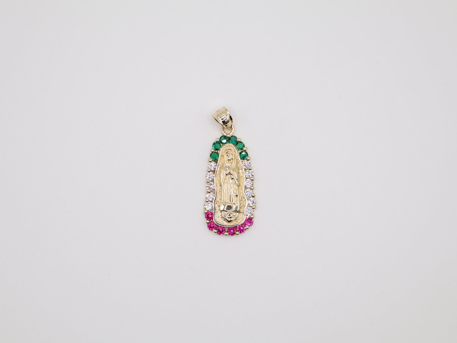 6.6g 1.75in, 17mm Green, White, Red Stone Virgin Mary Pendant